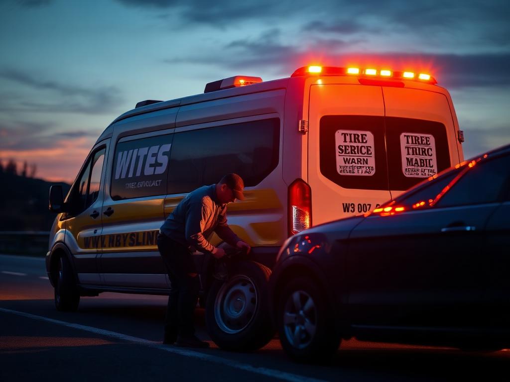 Mobil däckservice som byter däck vid vägkanten