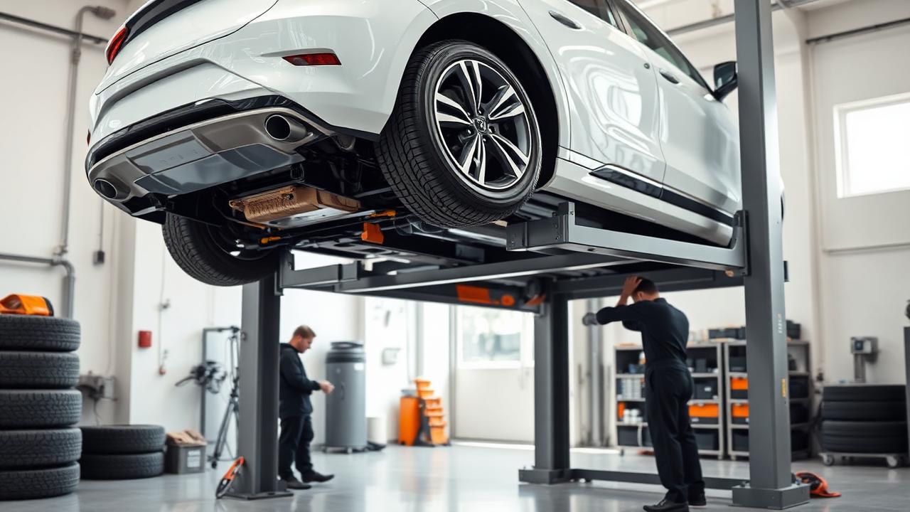 Däckbyte på elbil lyft på pelarlyft med batteripaket och lyftpunkter under chassit