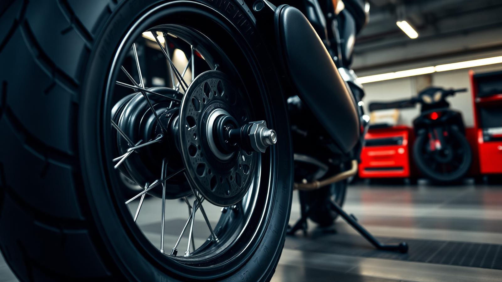 Närbild på motorcykelhjul med ekrar och däck